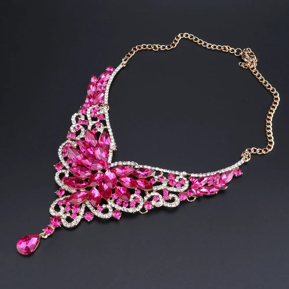 Women Bridal Crystal Rhinestone Choker Statement Gold Color Necklace Earrings Jewelry Set Gifts Fit With Wedding Party Dress