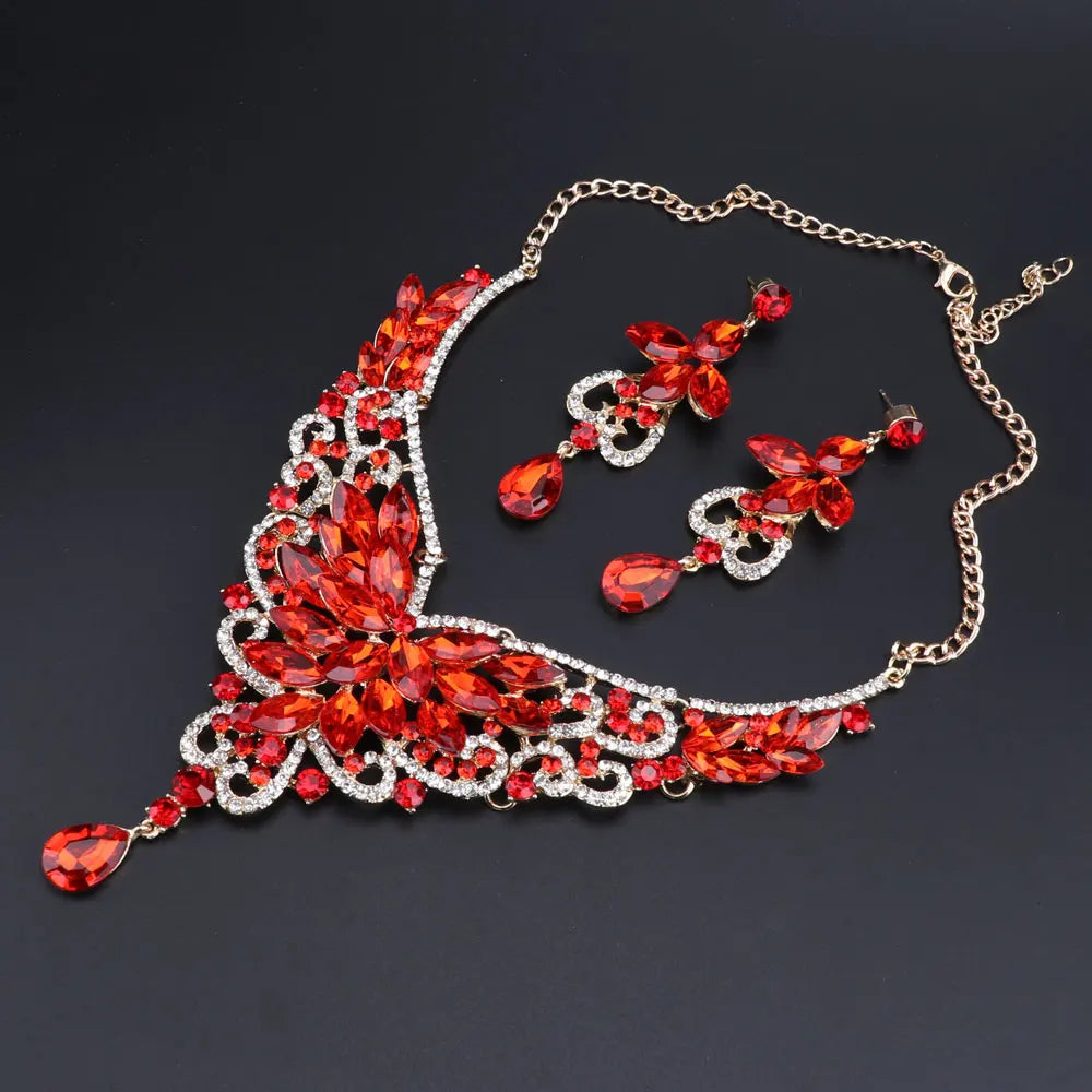Women Bridal Crystal Rhinestone Choker Statement Gold Color Necklace Earrings Jewelry Set Gifts Fit With Wedding Party Dress