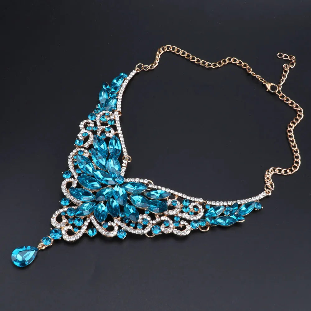 Women Bridal Crystal Rhinestone Choker Statement Gold Color Necklace Earrings Jewelry Set Gifts Fit With Wedding Party Dress