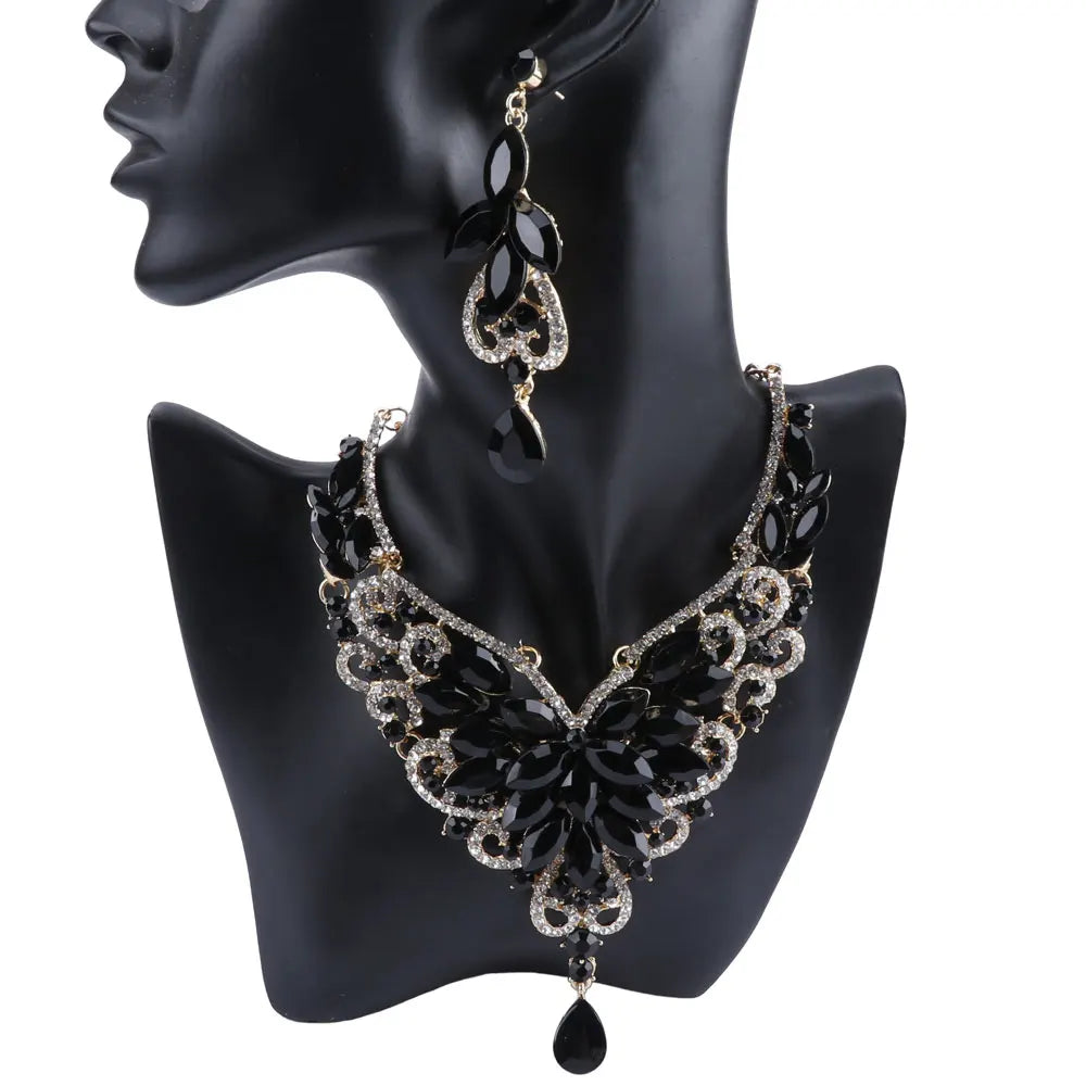 Women Bridal Crystal Rhinestone Choker Statement Gold Color Necklace Earrings Jewelry Set Gifts Fit With Wedding Party Dress