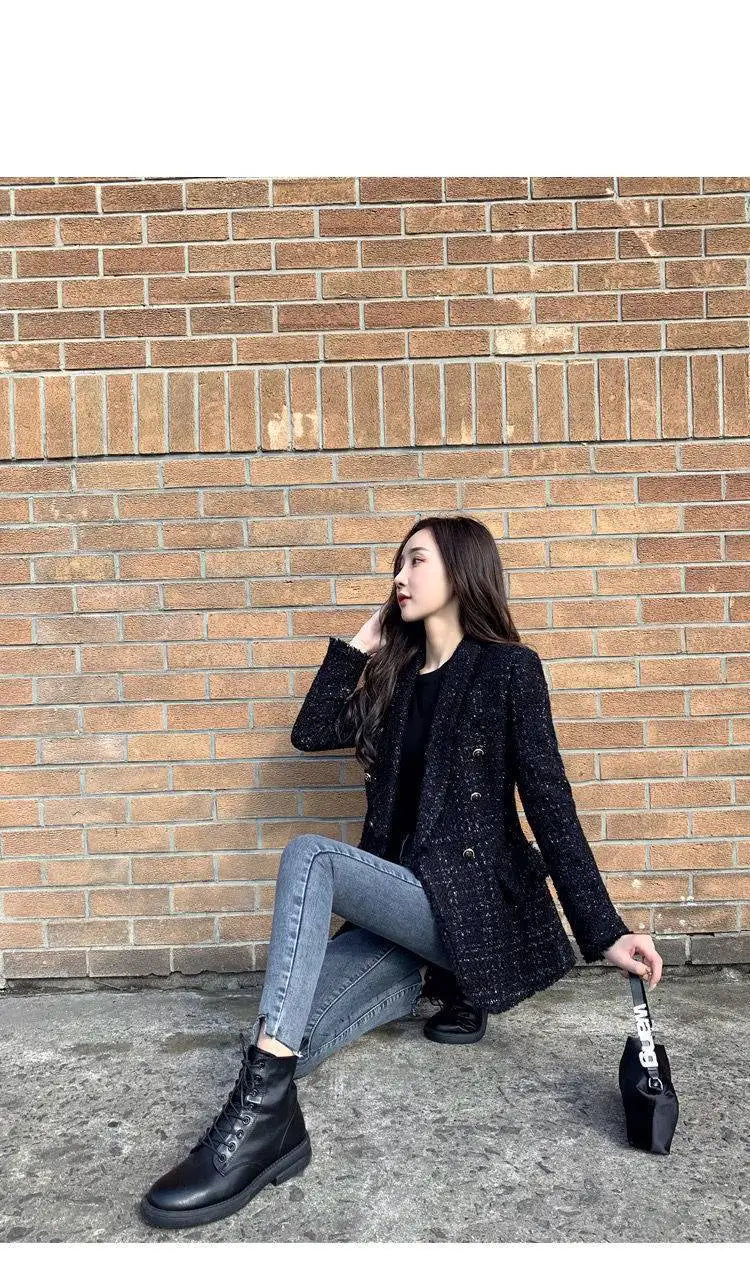 Winter Women Fashion Tweed Double Breasted Black Blazer Coat Vintage Long Sleeve Flap Pockets Female Outerwear Chic Suit Femme