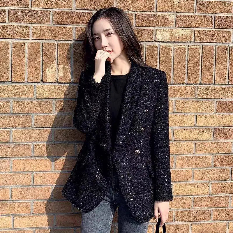 Winter Women Fashion Tweed Double Breasted Black Blazer Coat Vintage Long Sleeve Flap Pockets Female Outerwear Chic Suit Femme