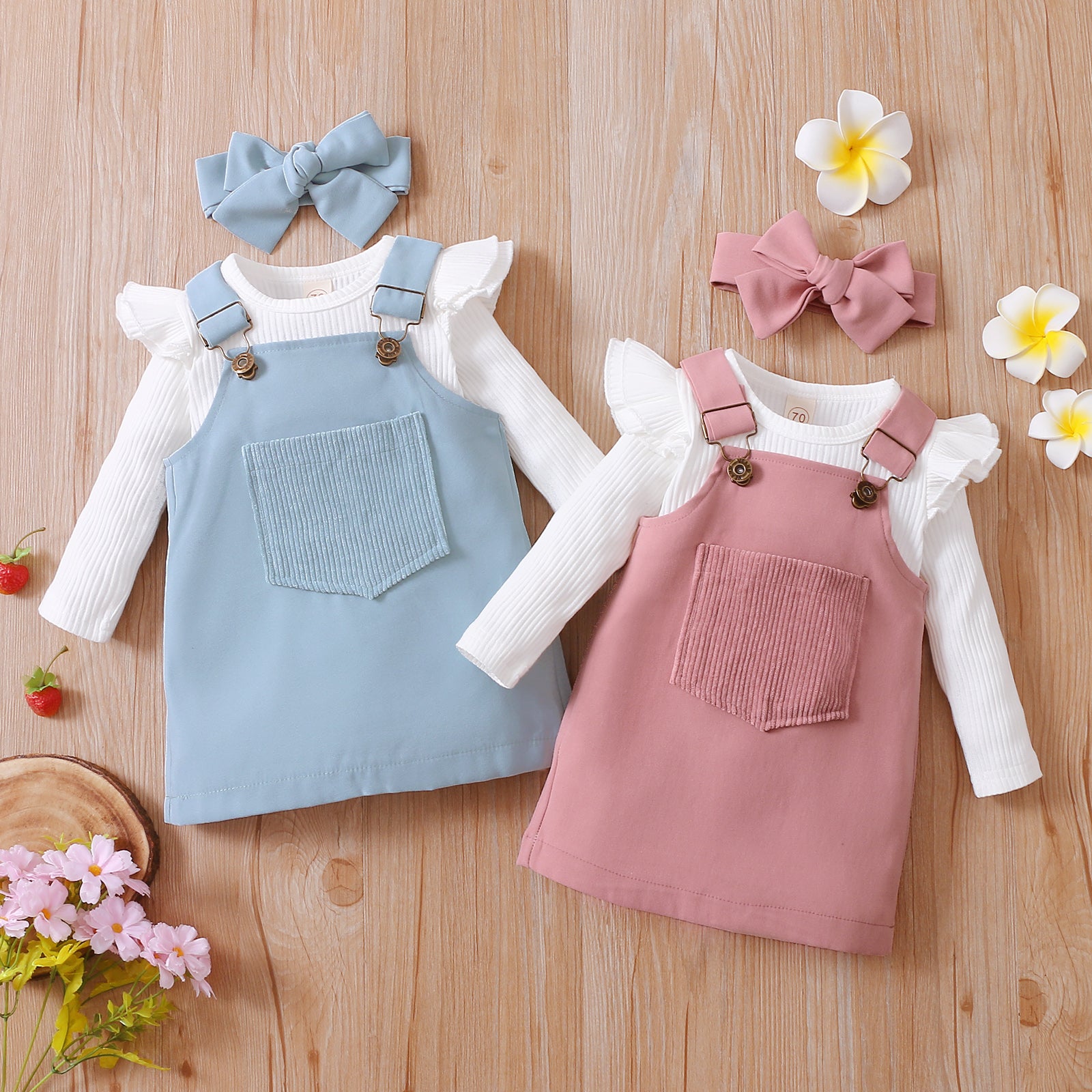 2021-06-19 Lioraitiin 0-18M Infant Baby Girl 2Pcs Autumn Clothing Long Sleeve Solid Romper Top Suspender Skirt 2Colors