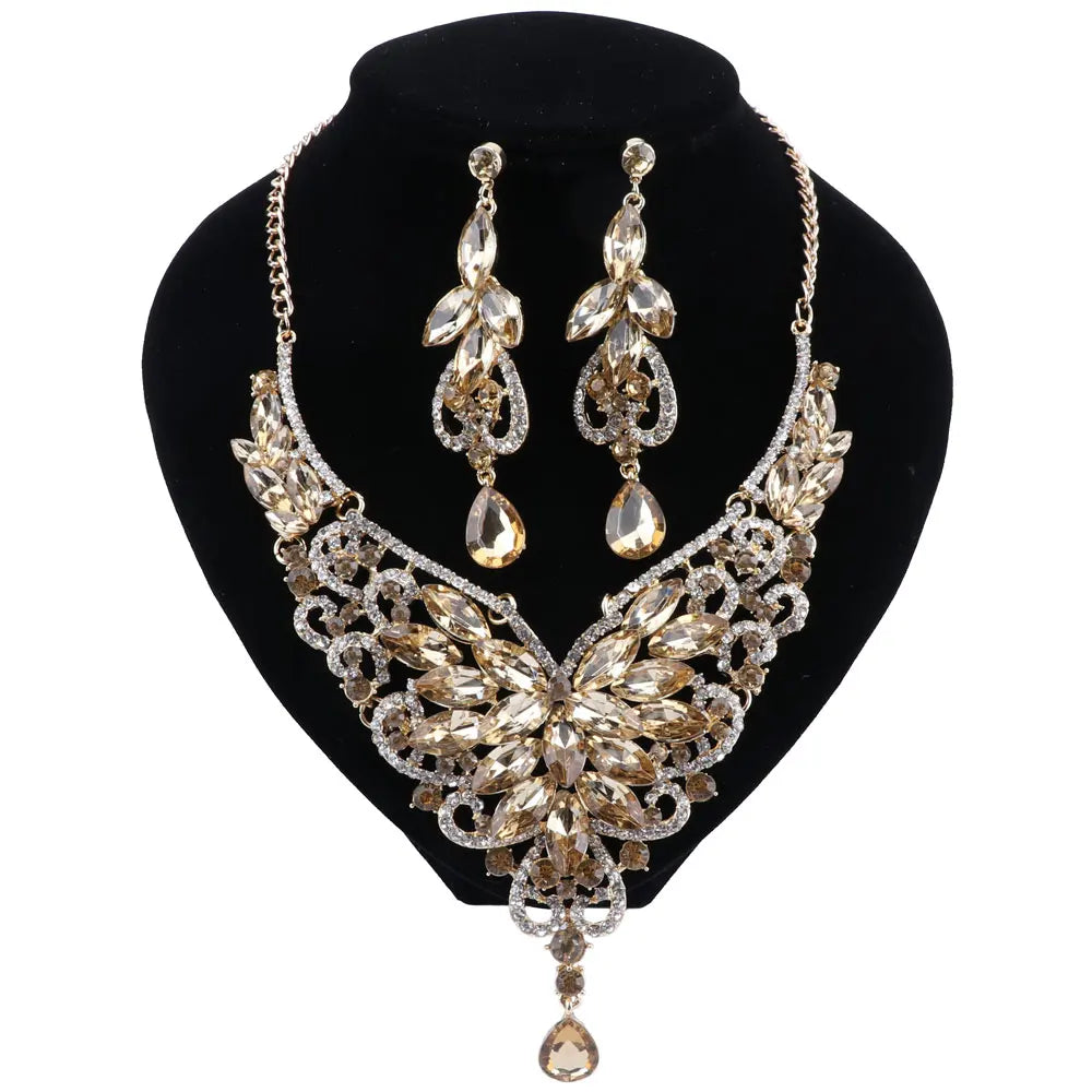 Women Bridal Crystal Rhinestone Choker Statement Gold Color Necklace Earrings Jewelry Set Gifts Fit With Wedding Party Dress