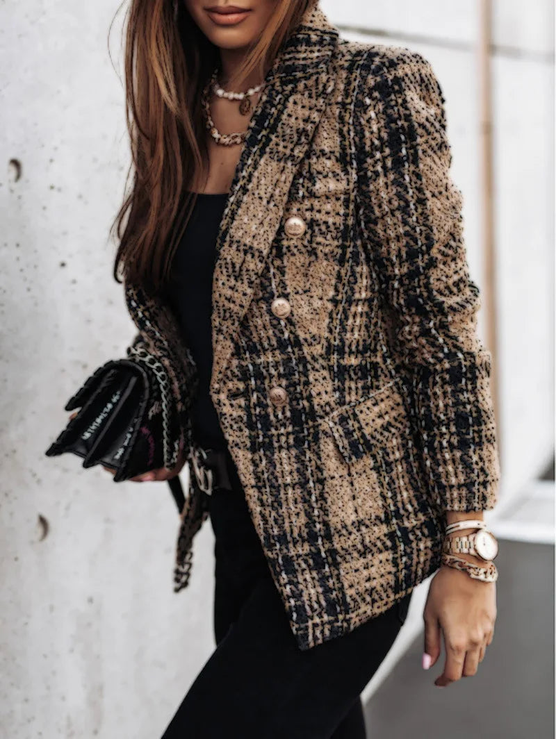 Casual Thin Suit Lady Long-sleeved Blazer Double-breasted Check Blazer Slim Fit Office Lady Elegant Chic Jacket Coat