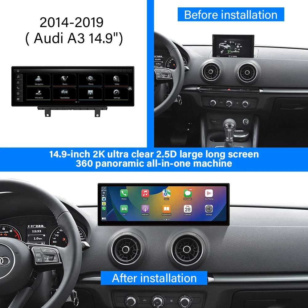 A3 14.9 Inch Android Car Screen Digital Cluster Android Navigation GPS  Car Dvd Player for Audi Car Monitor 2014 - 2019