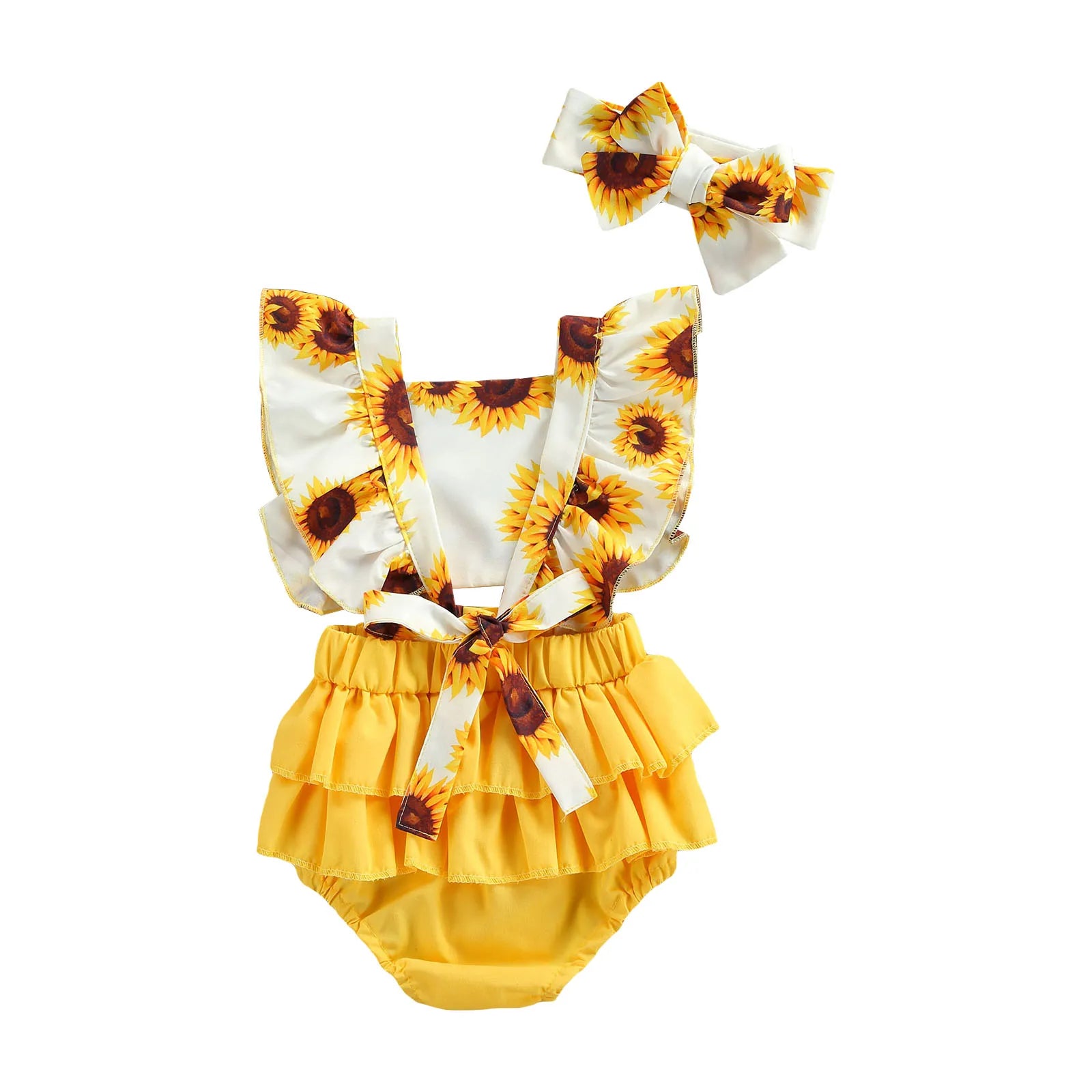 Kids Bodysuit with Headband, Sunflower Print Square Collar Fly Sleeve Hollow Out Romper+ Hairband, 0-24 Months