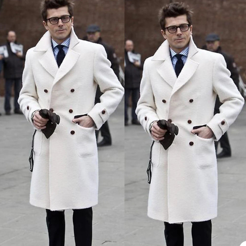 Solid White England Style Woolen Overcoat Men's Thick Plus Double-Breasted Long Coat Casual Winter Fashion Warm Jacket