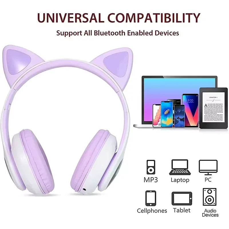HiFi Universal Cute RGB  Wireless Headphones STN28 Cat Ears Wireless Headphone Stereo Music Light up Gaming Headset with Mic