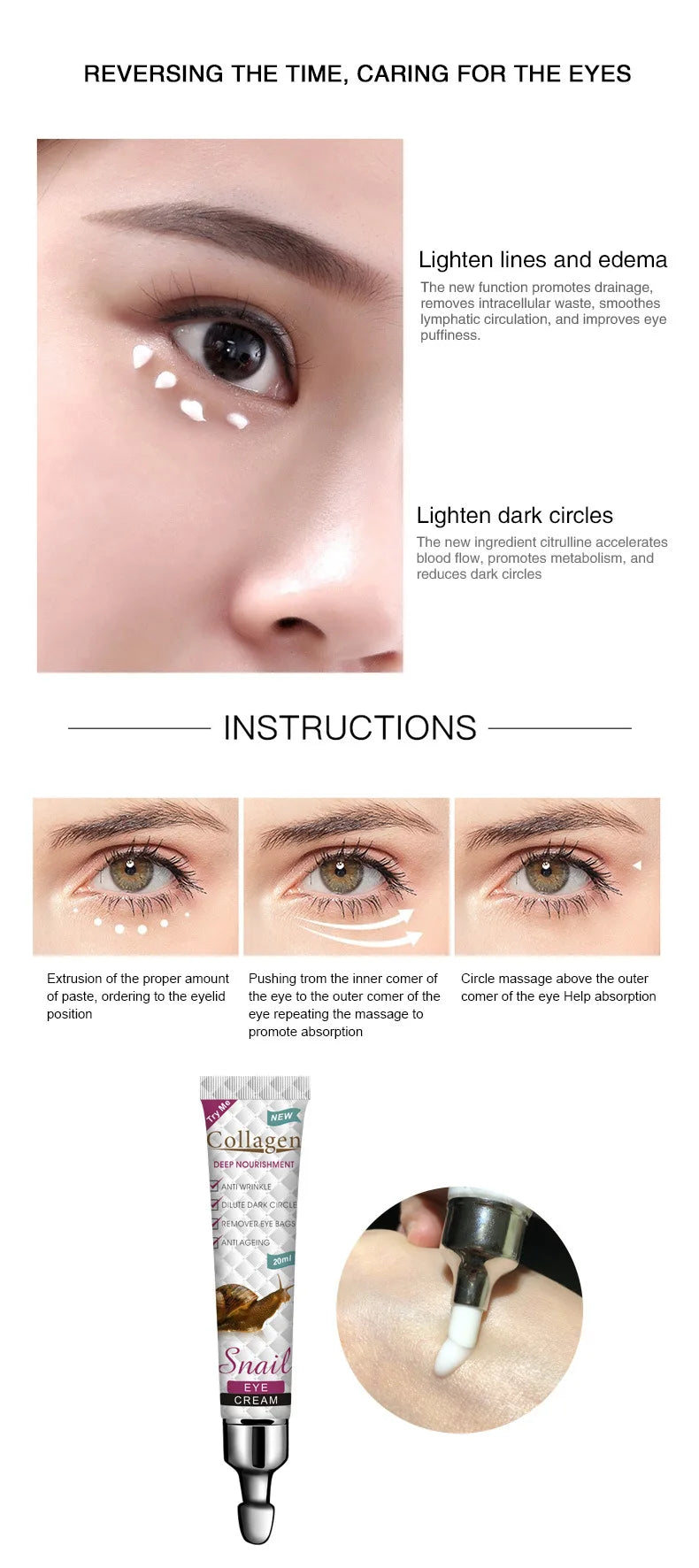 Snail Collagen Eye Cream Firming Moisturizing Anti Dark Circles Remove Eye Bags skincare Eyes Creams Skin Care for Eyes