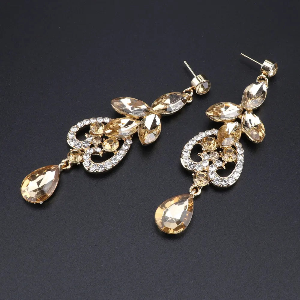 Women Bridal Crystal Rhinestone Choker Statement Gold Color Necklace Earrings Jewelry Set Gifts Fit With Wedding Party Dress