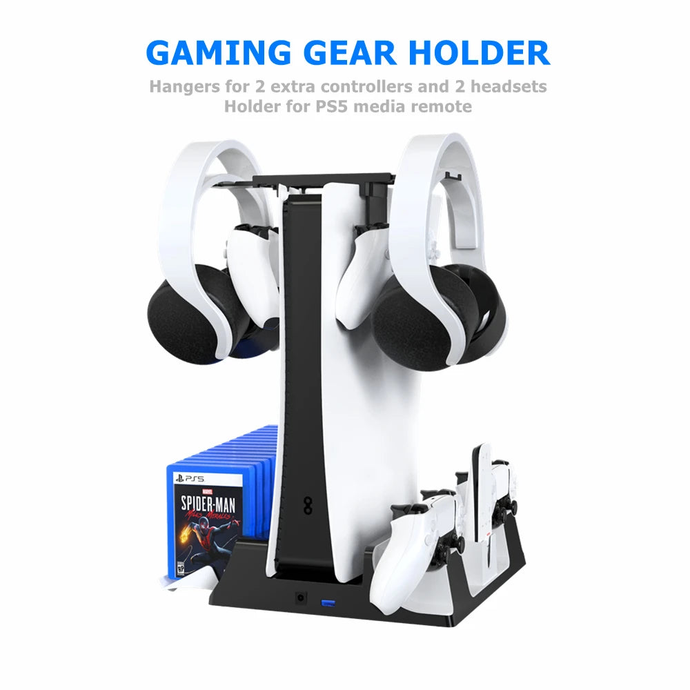Charging Stand with Cooling Fan for PS5/PS5 Digital Edition Console and Controller With 14 Game Cards Slots and Headset Stand