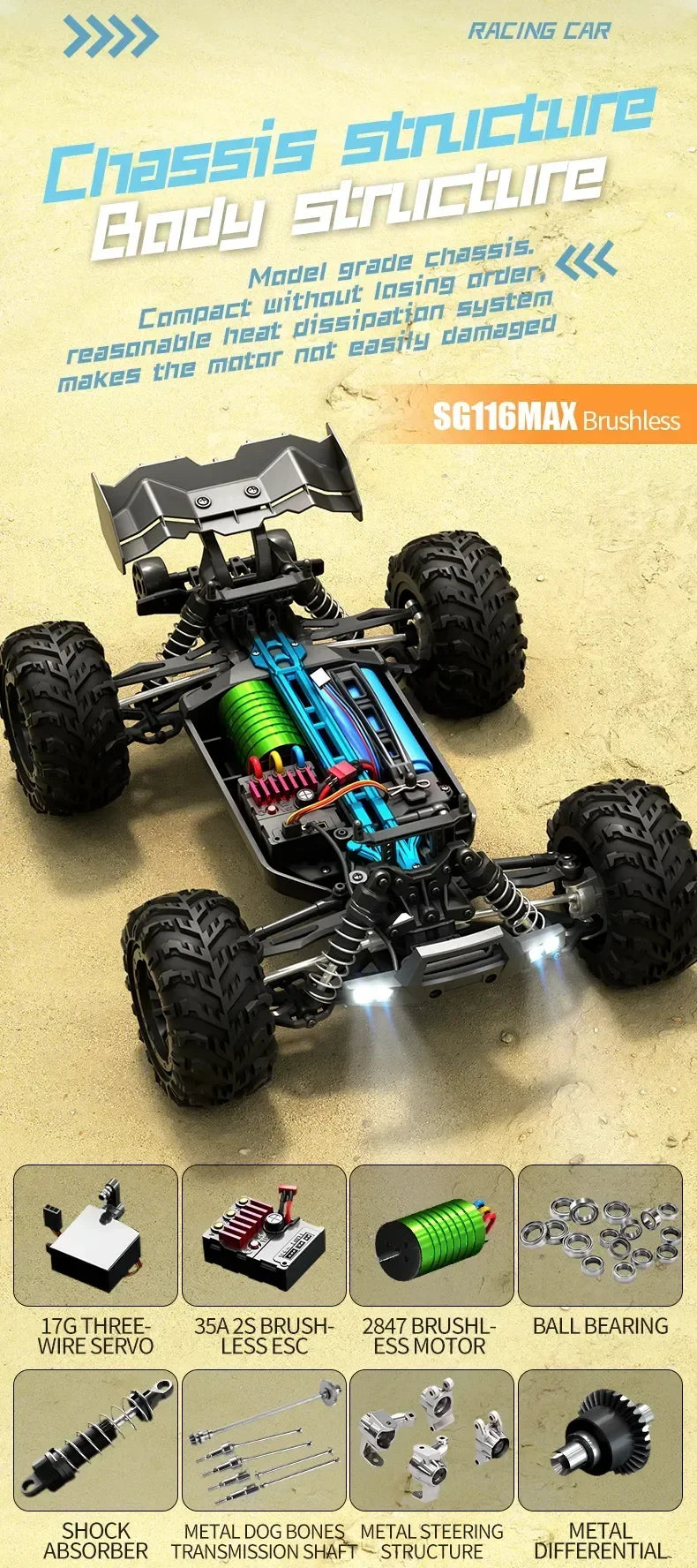 ZLL SG116 PRO Factory 1:16 Brushed RC Car 4WD High Speed Racing Vehicle Kids 35 Mins Racing Time Expert Remote Control Car Toy