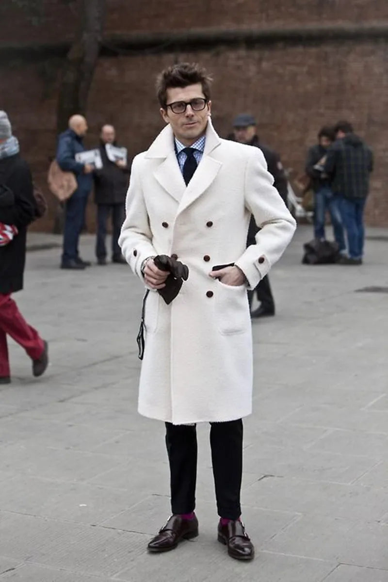 Solid White England Style Woolen Overcoat Men's Thick Plus Double-Breasted Long Coat Casual Winter Fashion Warm Jacket