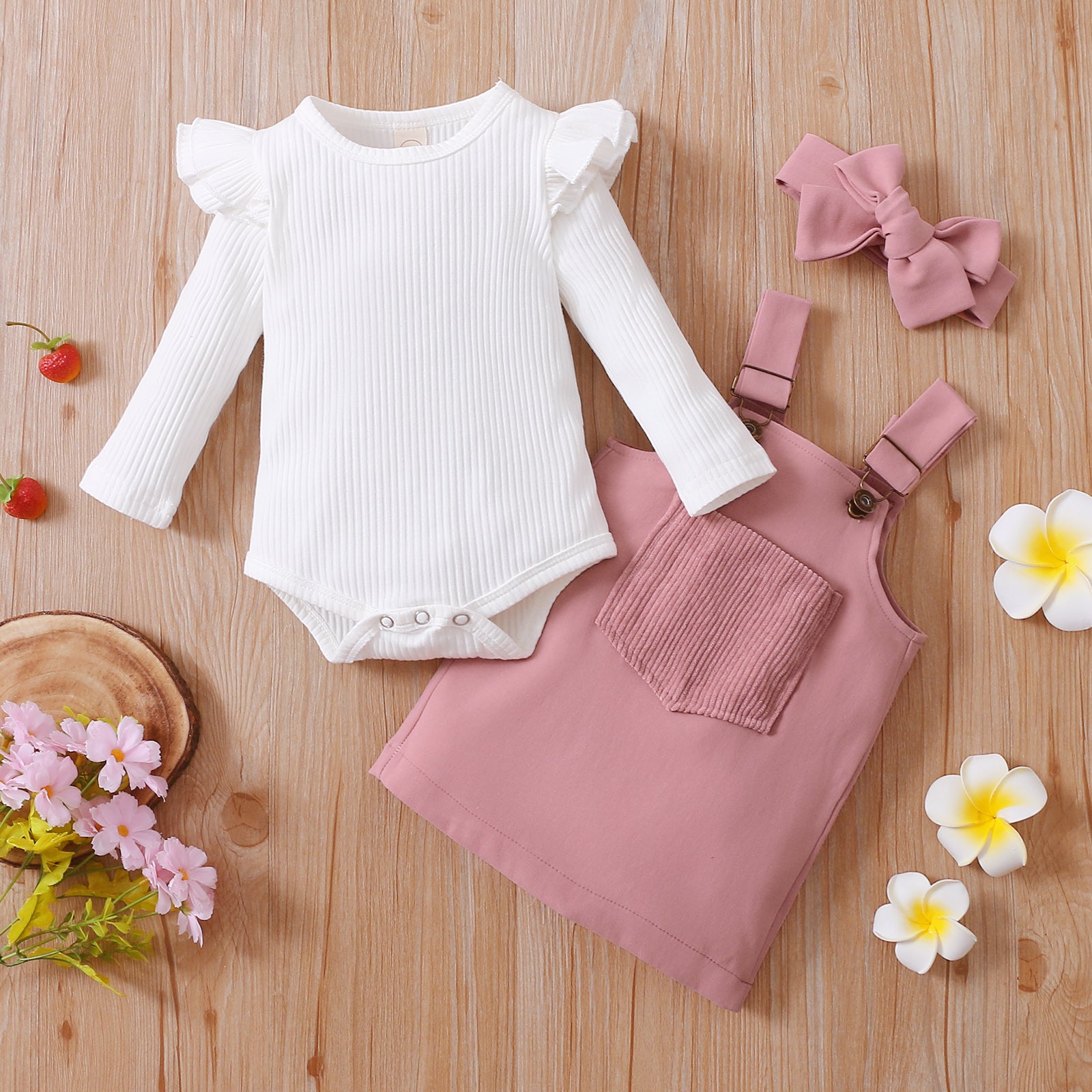 2021-06-19 Lioraitiin 0-18M Infant Baby Girl 2Pcs Autumn Clothing Long Sleeve Solid Romper Top Suspender Skirt 2Colors