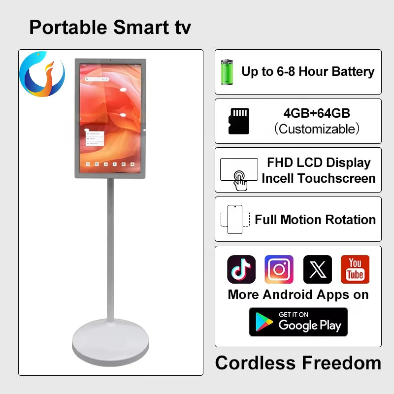 21.5 Inch LED Backlit LCD Touch Screen Portable Android 13 Smart TV for Indoor Advertising Mobile Floor Standing Digital Signage