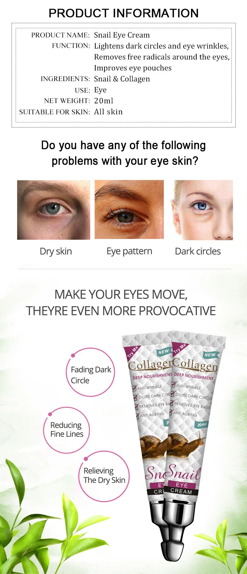 Snail Collagen Eye Cream Firming Moisturizing Anti Dark Circles Remove Eye Bags skincare Eyes Creams Skin Care for Eyes