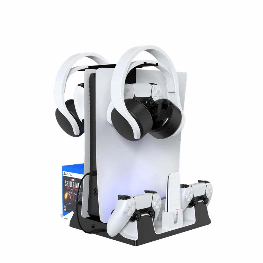 Charging Stand with Cooling Fan for PS5/PS5 Digital Edition Console and Controller With 14 Game Cards Slots and Headset Stand