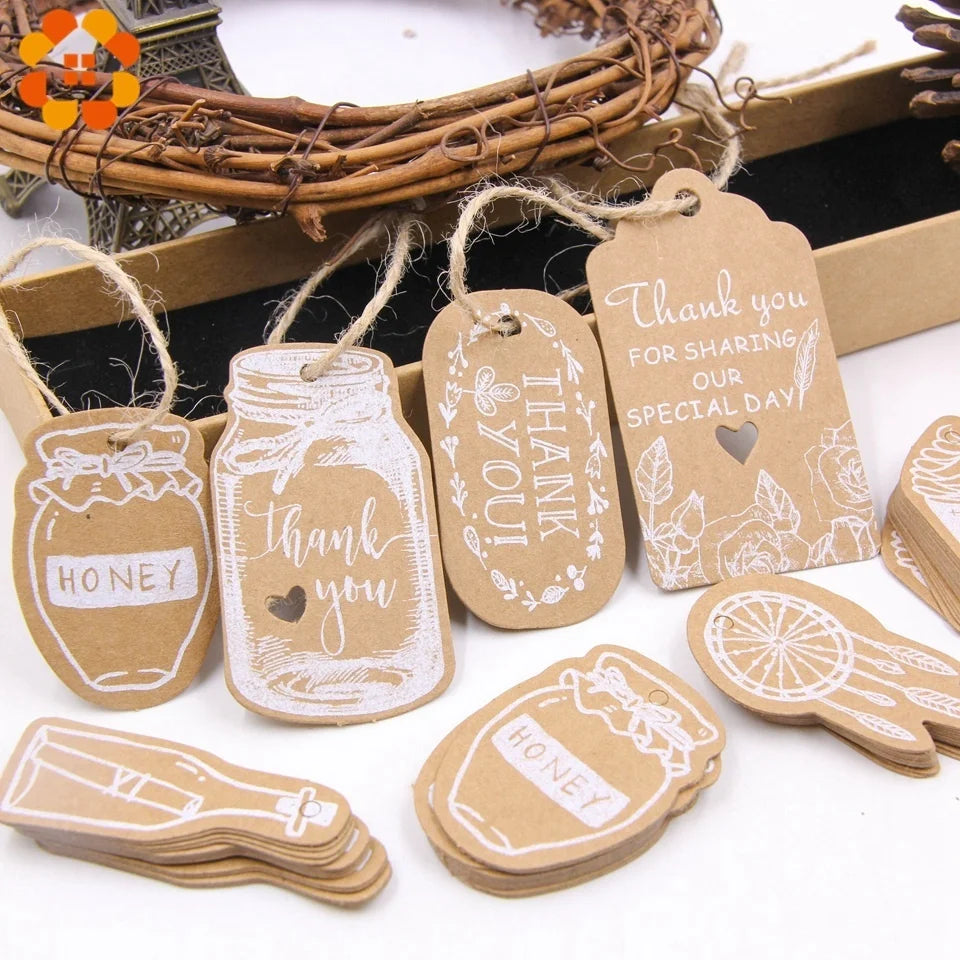 50PCS Christmas Kraft Paper Tags Handmade/Thank You DIY Crafts Hanging Tag With Rope for Christmas Gift Wrapping Supplies Favors