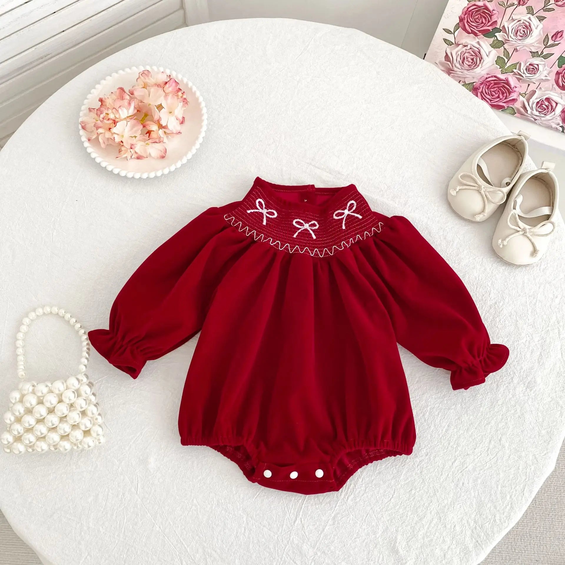 2025 Christmas 0-24M Baby Girls Jumpsuit Casual Bow Embroidered Long Sleeves Newborn Romper Christmas Party Toddler Cute Clothes