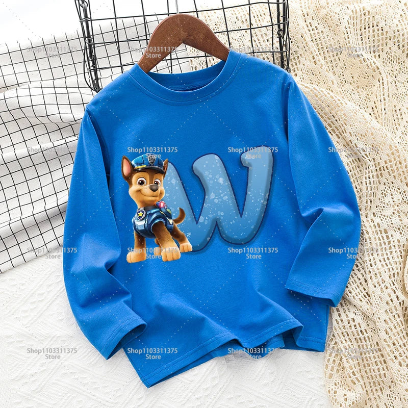 Cute PAW Patrol T-shirt Letter A-Z Print Top Long Sleeve Fashion Summer Boys Clothes Cartoon Kids Birthday Gift Outdoor Wear Tee
