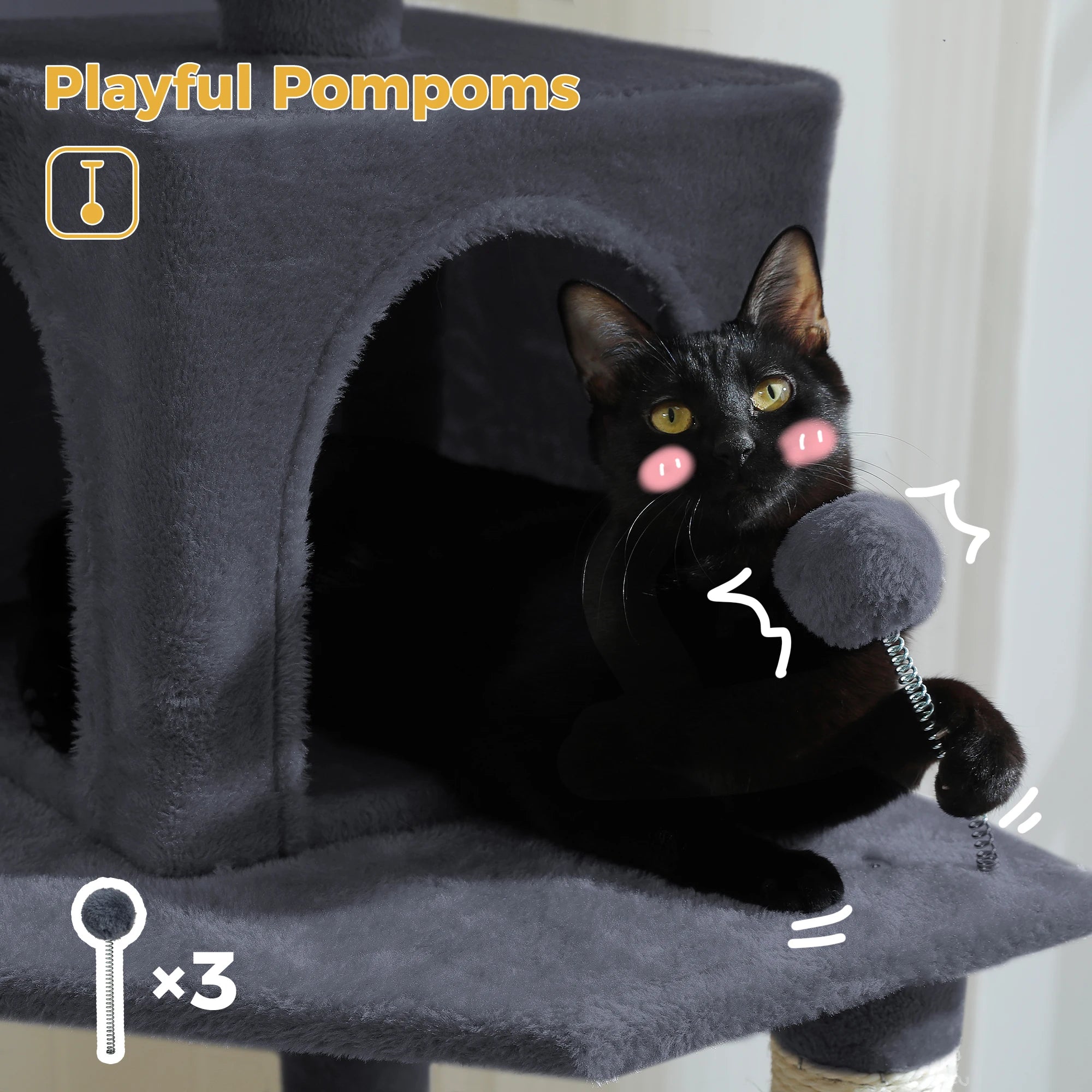 Stable&Safe Multi-Level Cat Tree Tower with Cozy Condo,Scratching Posts&Boards,Perches,Hammock,Pompoms for Active Cats,Cat Toys