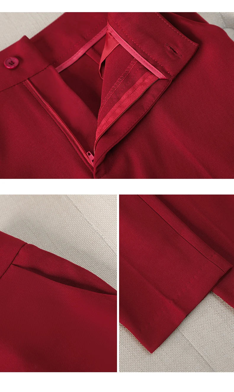 NAVIU Female Uniform Business Suits With Pants Elegant Office Blazer Set For Women Work Wear Pants Suit Claret Red Green Black