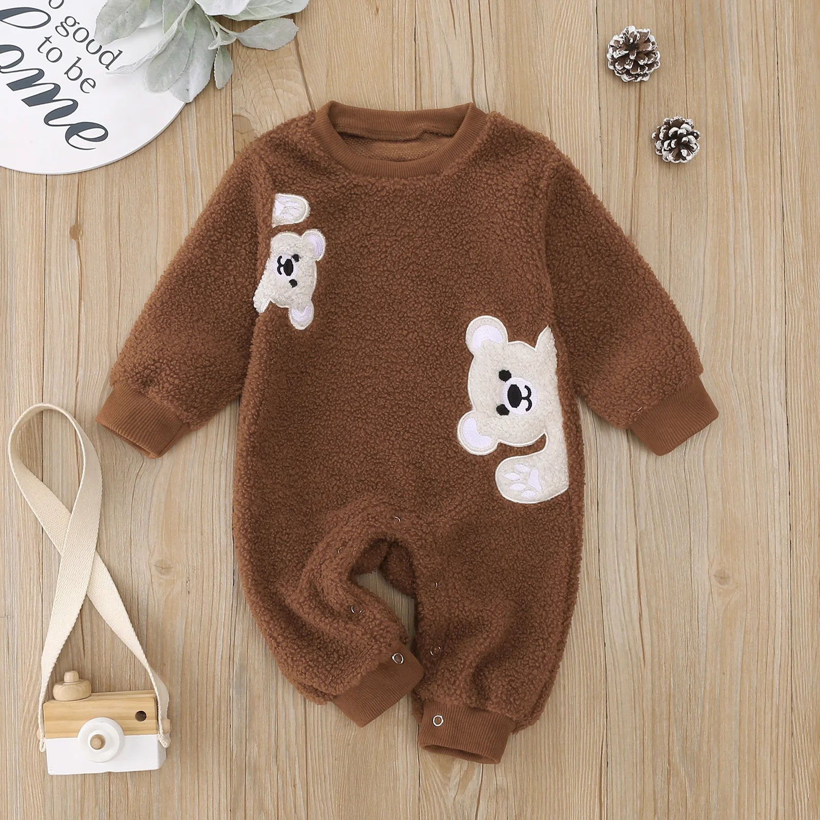 Baby Bear Embroidered Plush Onesie for Autumn Winter Comfortable Cotton Romper Suit for Infants And Toddlers