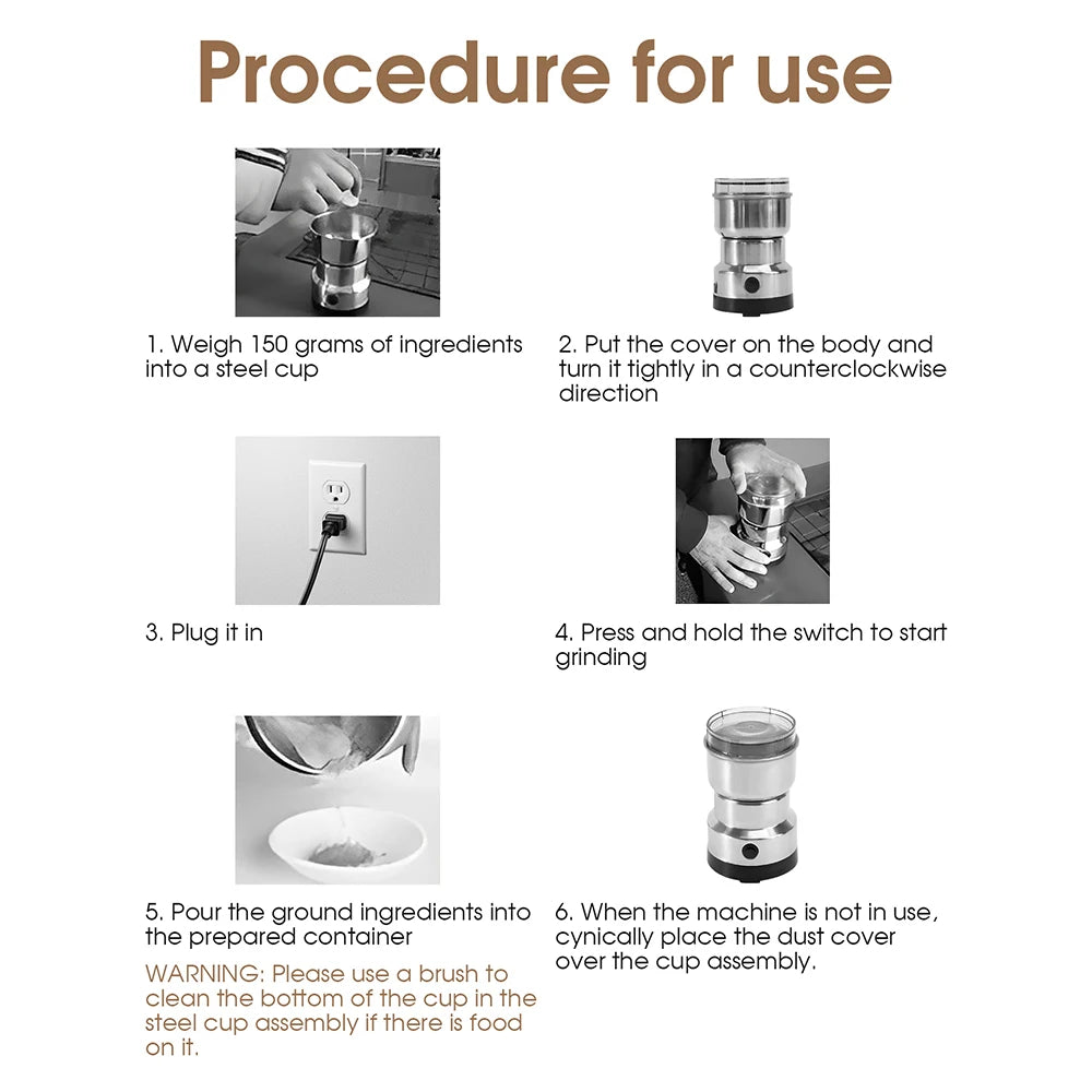 Electric Coffee Spice Pepper Grain Grinder 4-Blade Mini Portable 300ml Ultra-Fine Food Processor for Kitchen Home Brewing