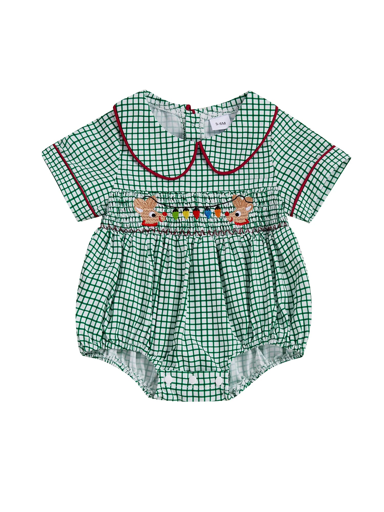 0-18M Infant Baby Girls Boys Christmas Romper Plaid Print Lamp String Embroidery Short Sleeve Doll Collar Bodysuit/Tank Jumpsuit