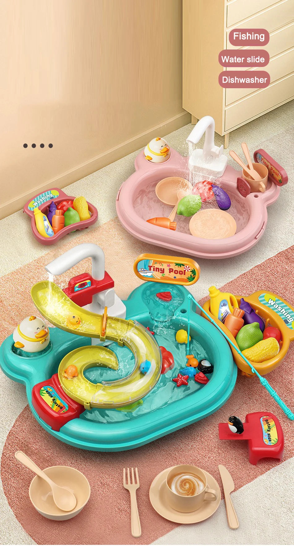 Kids Kitchen Sink Toys Electric Dishwasher Playing Toy With Running Water Pretend Play Food Fishing Toy Role Playing Girls Gift