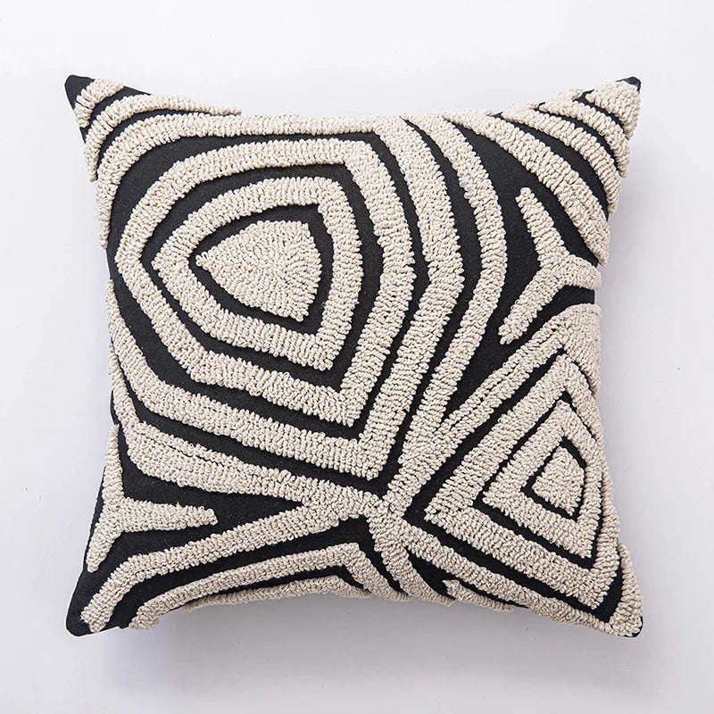 New Geometric Abstract Embroidered Cushion Cover Modern Beige Black Fully Tufted Pillowcase Home Decorative Pillows for Sofa