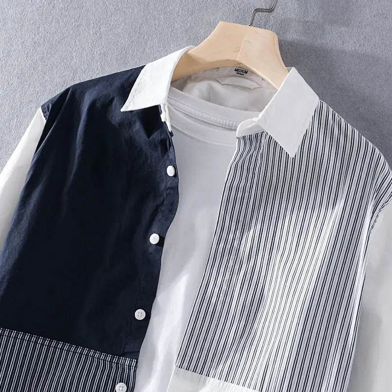 Spring Autumn New Fashion POLO Collar Long Sleeve Patchwork Men's Clothing Blouse Color Blocking Striped Korean Single Shirts