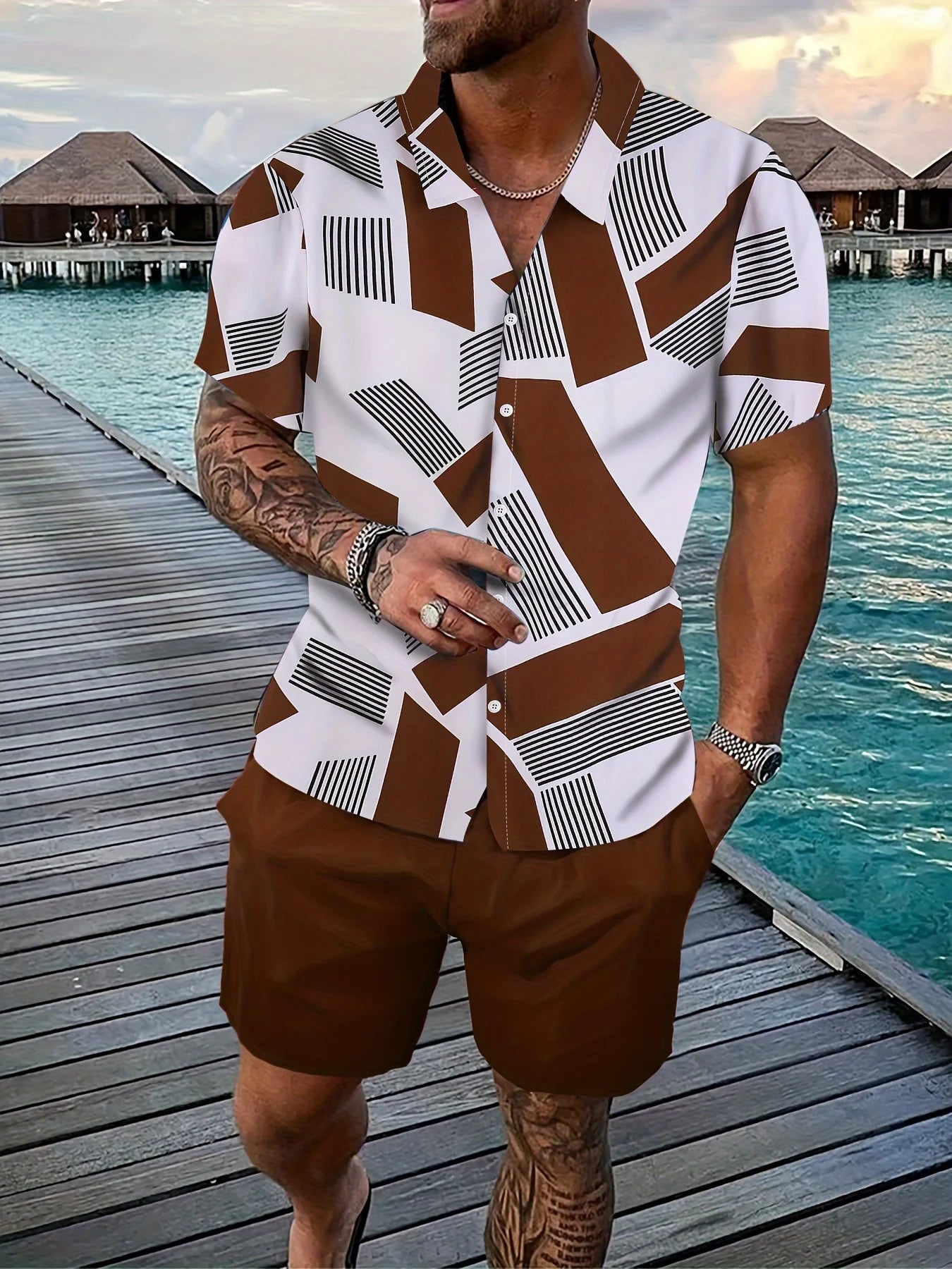 Hawaiian Men Shirt Sets 3D Printed Vintage Stripe stitching Short Sleeve Casual Shirt Oversized Beach Shorts Summer Man Suits