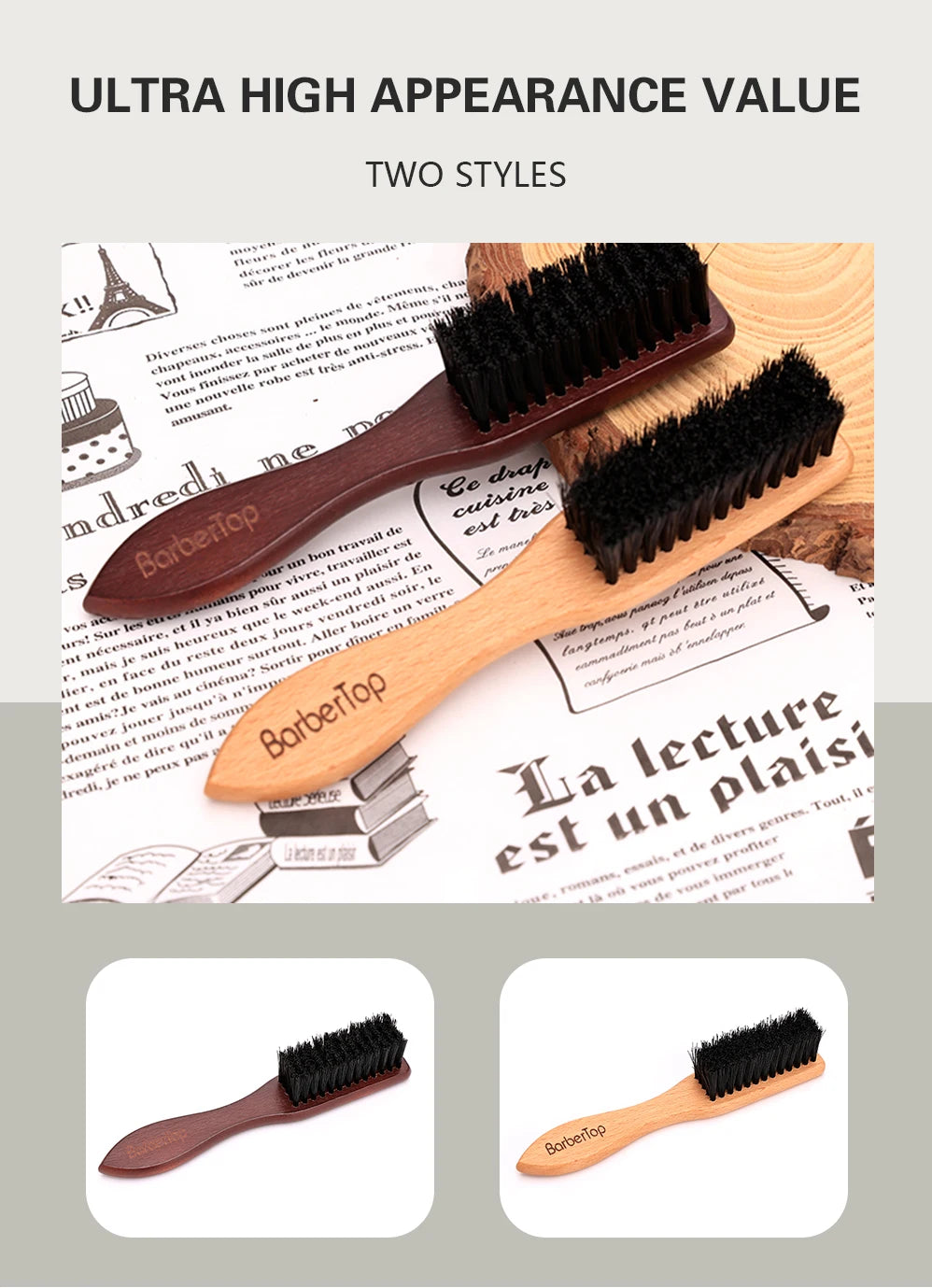Barbertop Men Barbe Brosse Poignée boisée Brosse de nettoyage de cheveux doux Cheveux cassés