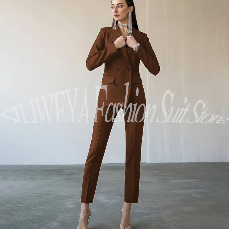Fashion Chic Burgundy Red Purple Women Suit Double Breasted 2 Piece Jacket Pants Blazer Set Slim Fit Office Lady Female Clothing
