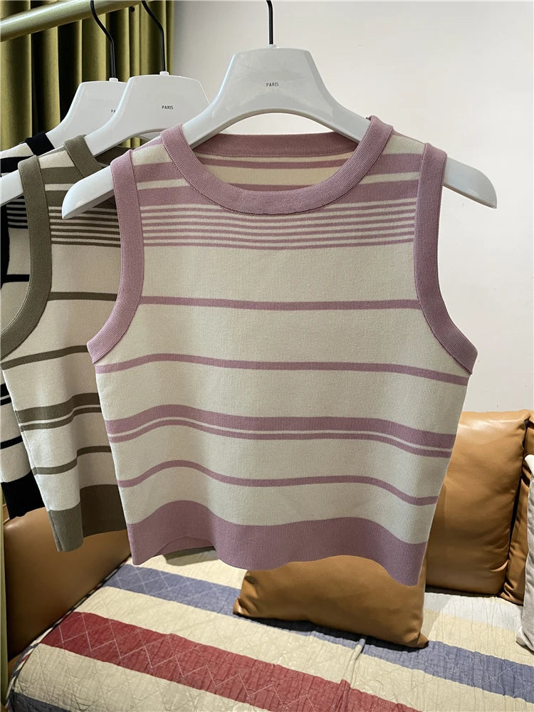 New Fashion Blocking Korean Style Crop Tops Knitted Striped Vest Women's Sleeveless Round Neck Versatile Tank Tops Ladies Basic