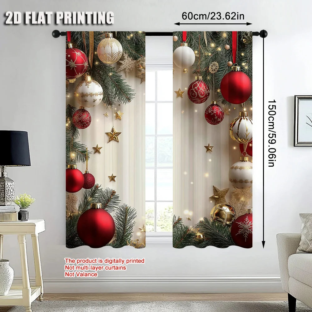 2Pcs Festive Golden And Red Ball Pine Leaves Design Christmas Window Curtains Polyester Rod Pocket Design For Living Room