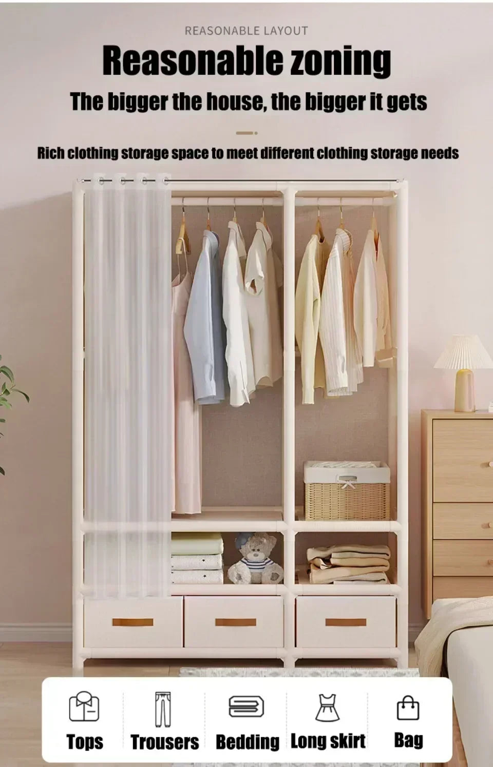 Armoire pour usage domestique, chambre à coucher, armoire en tissu simple et de grande capacité, robuste et durable, rangement anti-poussière, support organisateur de garde-robe