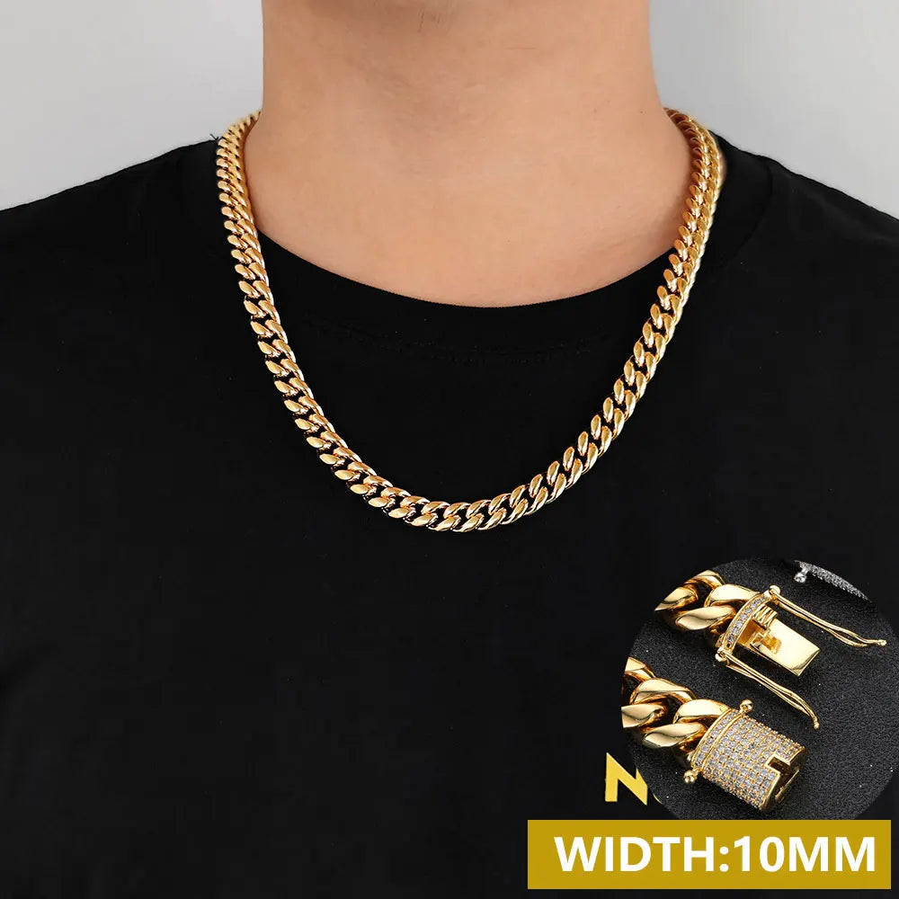 6-16mm Iced Clasp Cuban Link Chain Miami Stainless Steel Necklace Hip Hop Jewelry Gift for Men Women