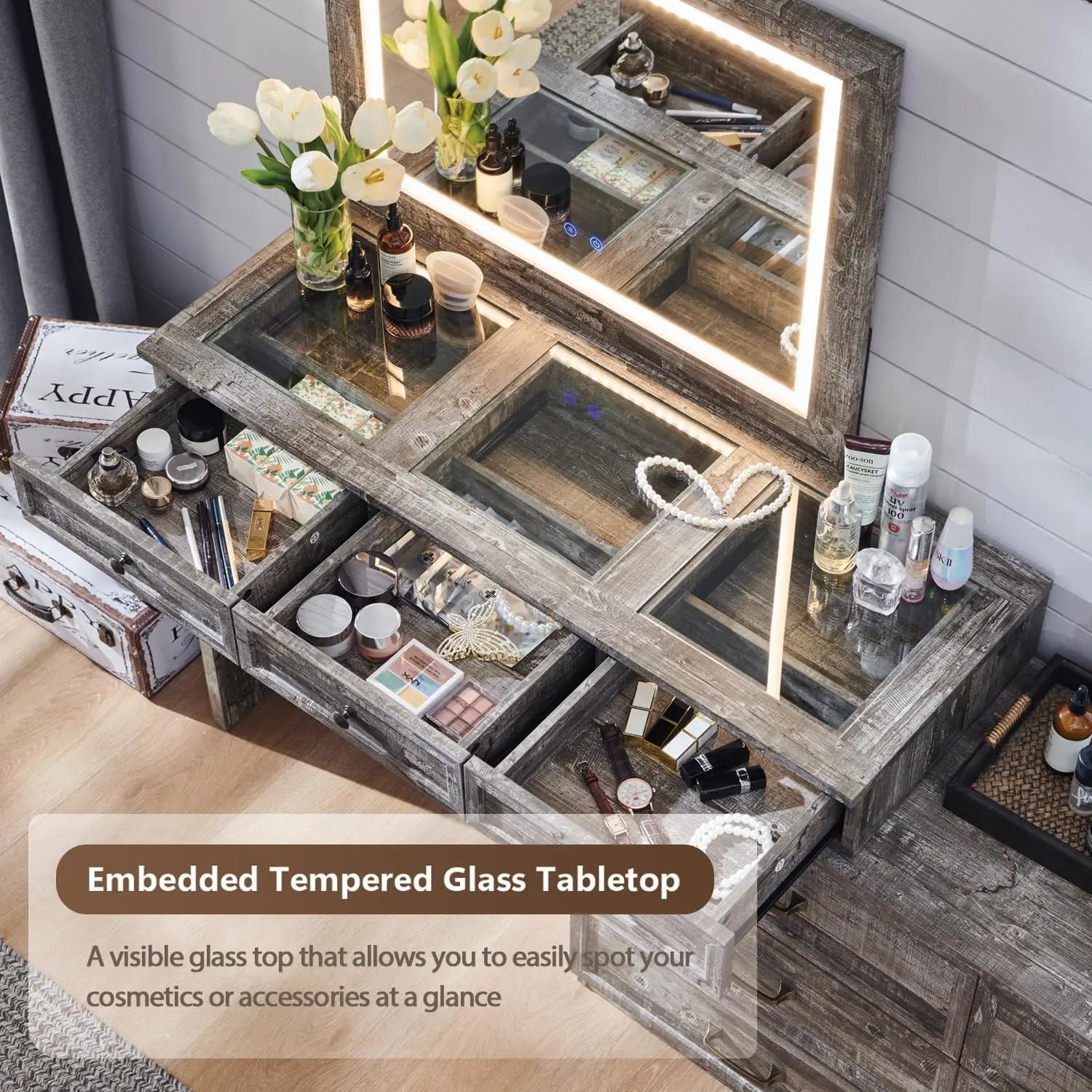 Commode de chambre en bois rustique de 69 po de largeur avec plateau en verre, 9 grands tiroirs de rangement, 3 lumières utilisables de couleur et miroir LED HD 30"