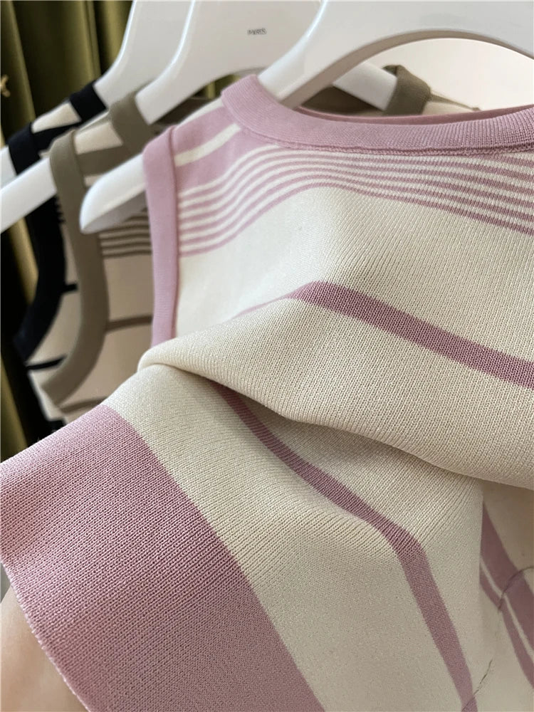New Fashion Blocking Korean Style Crop Tops Knitted Striped Vest Women's Sleeveless Round Neck Versatile Tank Tops Ladies Basic