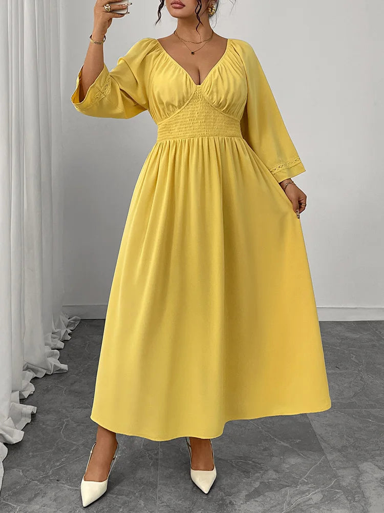 GIBSIE Plus Size Deep V-neck Sexy Long Dress Women Autumn 2025 New Solid Party Elegant High Waist Elastic A-Line Dresses