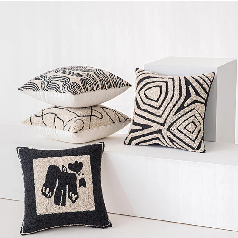 New Geometric Abstract Embroidered Cushion Cover Modern Beige Black Fully Tufted Pillowcase Home Decorative Pillows for Sofa