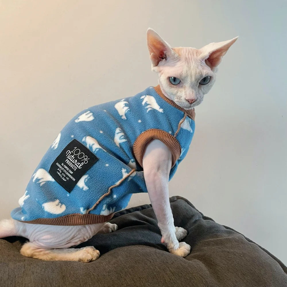 Sky Blue Soft Fleece Sweater for Sphynx Cat Spring Sweet Short Sleeves Animal Print Jumpsuit for Devon Rex Winter Vest for Dogs