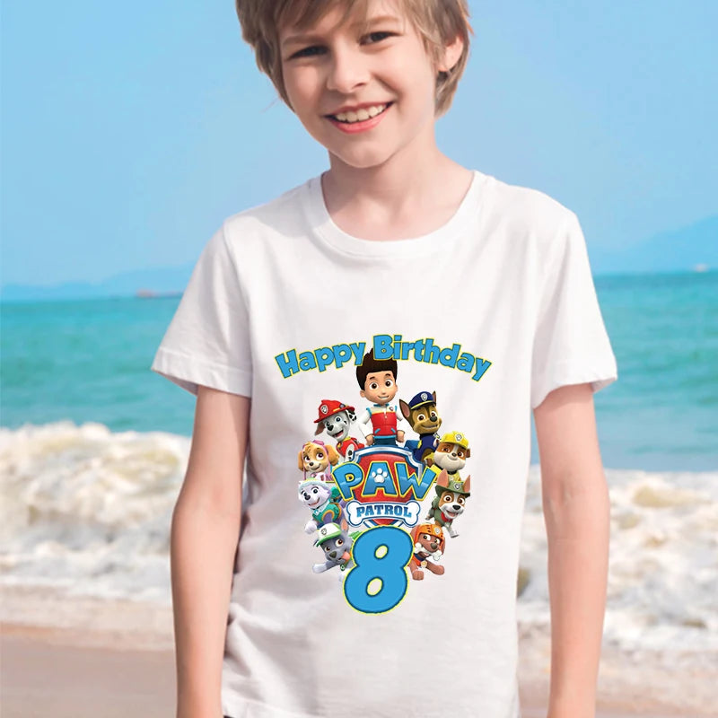 Paw Patrols Kids T-shirt Cute Summer Cotton Pullover Birthday Number Top Kawaii Boy Girl Chase Skye Printed Casual Clothes Gifts