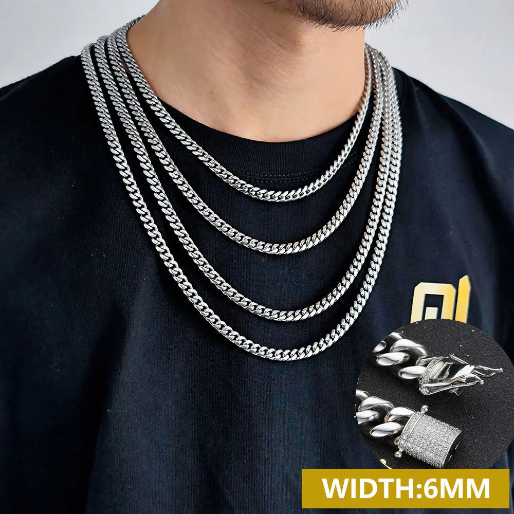 6-16mm Iced Clasp Cuban Link Chain Miami Stainless Steel Necklace Hip Hop Jewelry Gift for Men Women