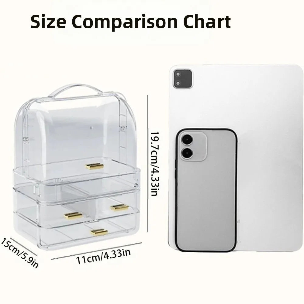 Drawer Style Cosmetics Storage Box with Lid and Handle Clear Skincare Display Cases Dustproof Multilayer Makeup Storage Rack