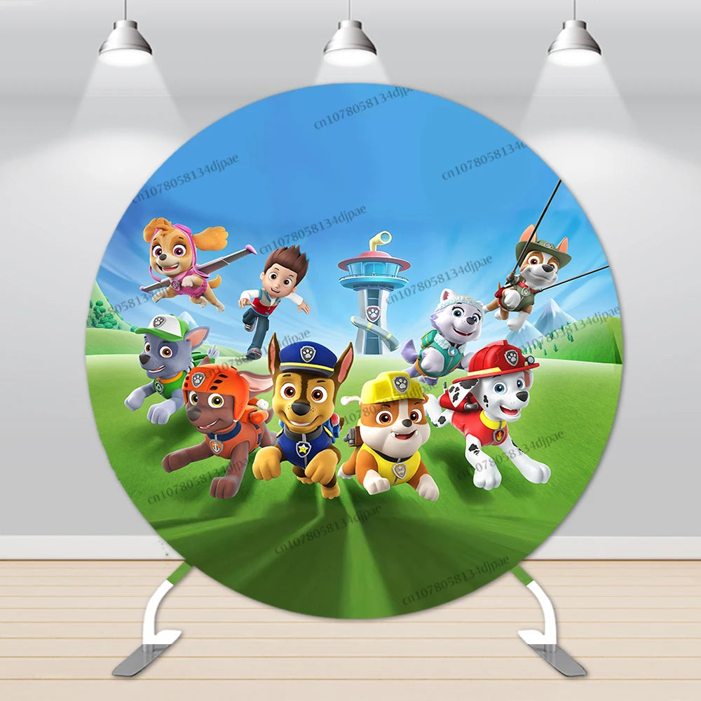 Paw Patrol Background Round Photo Boy Kid Birthday Party Backdrop Blue Runing Hero Dog Cylinder Elastic Cover Decorations Banner