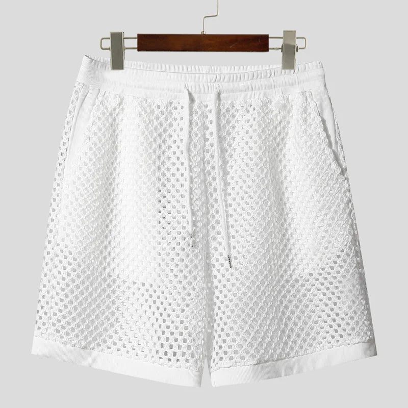 INCERUN Men Sets Solid Color Mesh Hollow Out See Through Tank Tops & Shorts 2PCS Summer Sexy Vacation Men Casual Suits 2025 5XL